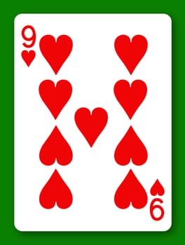A 9 Nine of Hearts playing card with clipping path to remove background and shadow