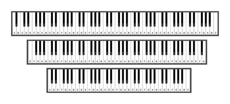 A range of keyboards. 88, 76 and 61 keys 3d illustration