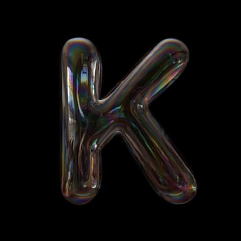 Soap bubble letter K - Uppercase 3d transparent font isolated on black background. This alphabet is perfect for creative illustrations related but not limited to childhood, imagination, fragility...