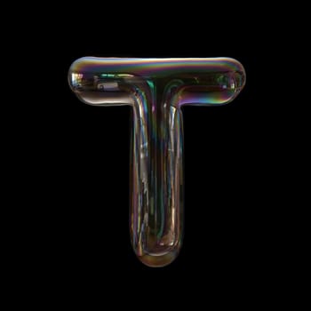 Soap bubble letter T - Uppercase 3d transparent font isolated on black background. This alphabet is perfect for creative illustrations related but not limited to childhood, imagination, fragility...