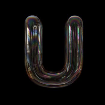 Soap bubble letter U - Capital 3d transparent font isolated on black background. This alphabet is perfect for creative illustrations related but not limited to childhood, imagination, fragility...