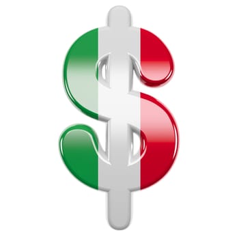 Italian dollar currency sign - 3d Italy flag business symbol isolated on white background. This alphabet is perfect for creative illustrations related to Italy, Europe, Rome.