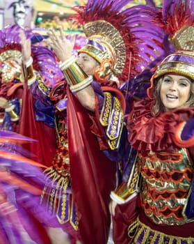 Rio de Janeiro, Brasil-  February 29, 2020: Samba Parade at the 2020 Carnival Champions Parade, Sambodromo. It's raining
