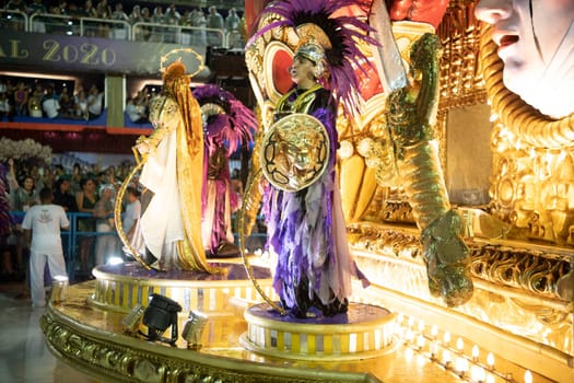 Rio de Janeiro, Brasil-  February 29, 2020: Samba Parade at the 2020 Carnival Champions Parade, Sambodromo. It's raining