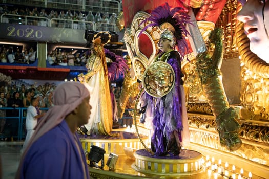 Rio de Janeiro, Brasil-  February 29, 2020: Samba Parade at the 2020 Carnival Champions Parade, Sambodromo. It's raining