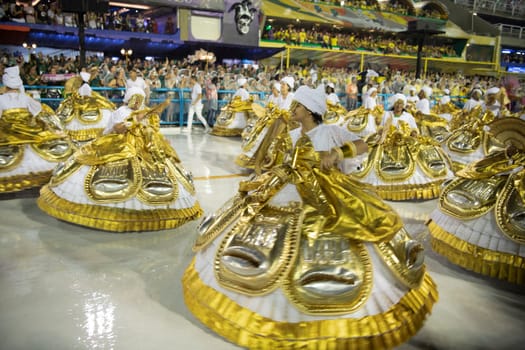 Rio de Janeiro, Brasil-  February 29, 2020: Samba Parade at the 2020 Carnival Champions Parade, Sambodromo. It's raining