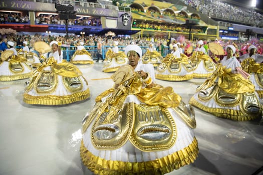 Rio de Janeiro, Brasil-  February 29, 2020: Samba Parade at the 2020 Carnival Champions Parade, Sambodromo. It's raining