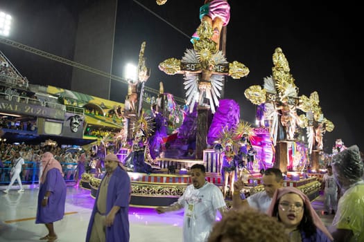 Rio de Janeiro, Brasil-  February 29, 2020: Samba Parade at the 2020 Carnival Champions Parade, Sambodromo. It's raining