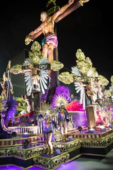 Rio de Janeiro, Brasil-  February 29, 2020: Samba Parade at the 2020 Carnival Champions Parade, Sambodromo. It's raining