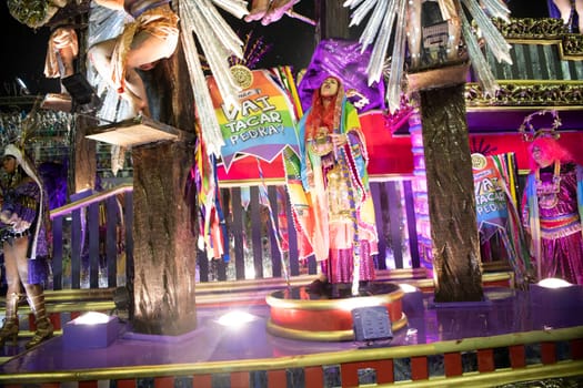 Rio de Janeiro, Brasil-  February 29, 2020: Samba Parade at the 2020 Carnival Champions Parade, Sambodromo. It's raining