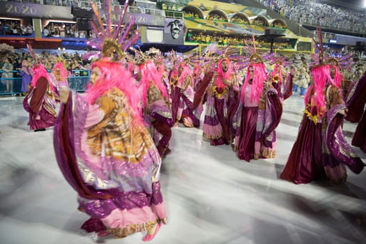 Rio de Janeiro, Brasil-  February 29, 2020: Samba Parade at the 2020 Carnival Champions Parade, Sambodromo. It's raining