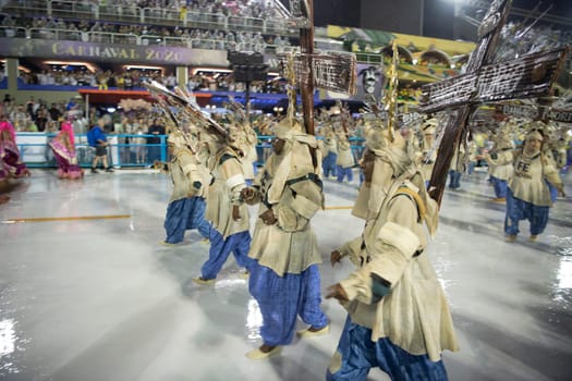 Rio de Janeiro, Brasil-  February 29, 2020: Samba Parade at the 2020 Carnival Champions Parade, Sambodromo. It's raining