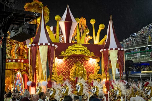 Rio de Janeiro, Brasil-  February 29, 2020: Samba Parade at the 2020 Carnival Champions Parade, Sambodromo. It's raining