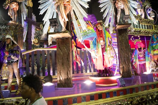 Rio de Janeiro, Brasil-  February 29, 2020: Samba Parade at the 2020 Carnival Champions Parade, Sambodromo. It's raining