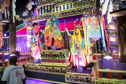 Rio de Janeiro, Brasil-  February 29, 2020: Samba Parade at the 2020 Carnival Champions Parade, Sambodromo. It's raining