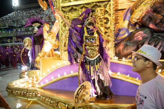 Rio de Janeiro, Brasil-  February 29, 2020: Samba Parade at the 2020 Carnival Champions Parade, Sambodromo. It's raining