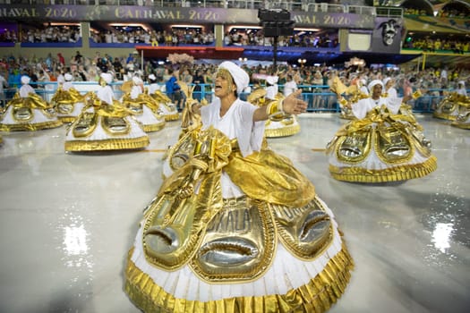 Rio de Janeiro, Brasil-  February 29, 2020: Samba Parade at the 2020 Carnival Champions Parade, Sambodromo. It's raining