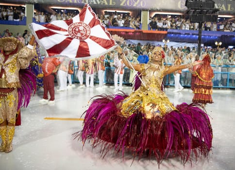 Rio de Janeiro, Brasil-  February 29, 2020: Samba Parade at the 2020 Carnival Champions Parade, Sambodromo. It's raining