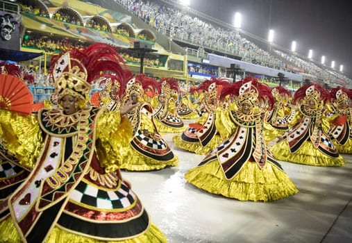 Rio de Janeiro, Brasil-  February 29, 2020: Samba Parade at the 2020 Carnival Champions Parade, Sambodromo. It's raining