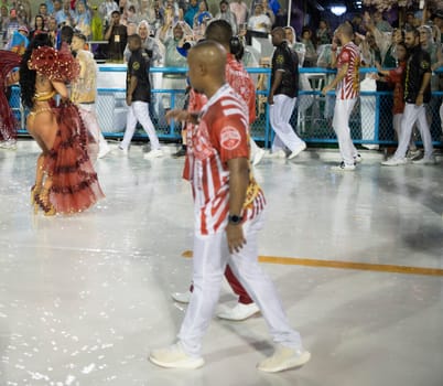 Rio de Janeiro, Brasil-  February 29, 2020: Samba Parade at the 2020 Carnival Champions Parade, Sambodromo. It's raining