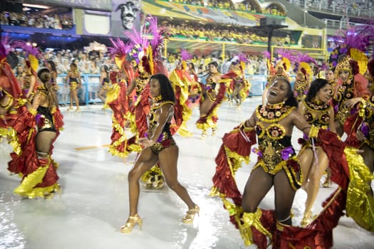 Rio de Janeiro, Brasil-  February 29, 2020: Samba Parade at the 2020 Carnival Champions Parade, Sambodromo. It's raining
