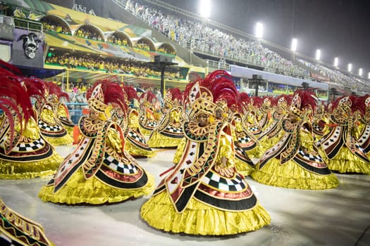 Rio de Janeiro, Brasil-  February 29, 2020: Samba Parade at the 2020 Carnival Champions Parade, Sambodromo. It's raining