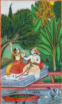 Indian miniature painting depicting royal lifestyle scenes, Jaipur 19th Century. Anonymous artist