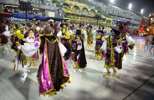 Rio de Janeiro, Brasil-  February 29, 2020: Samba Parade at the 2020 Carnival Champions Parade, Sambodromo. It's raining
