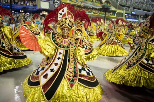 Rio de Janeiro, Brasil-  February 29, 2020: Samba Parade at the 2020 Carnival Champions Parade, Sambodromo. It's raining