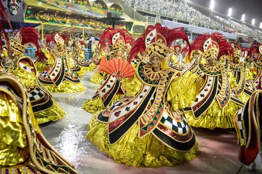 Rio de Janeiro, Brasil-  February 29, 2020: Samba Parade at the 2020 Carnival Champions Parade, Sambodromo. It's raining