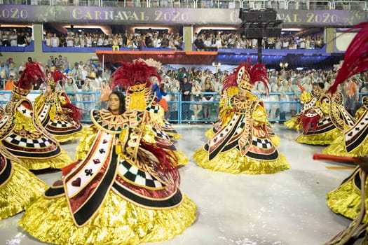 Rio de Janeiro, Brasil-  February 29, 2020: Samba Parade at the 2020 Carnival Champions Parade, Sambodromo. It's raining