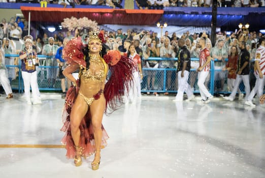 Rio de Janeiro, Brasil-  February 29, 2020: Samba Parade at the 2020 Carnival Champions Parade, Sambodromo. It's raining