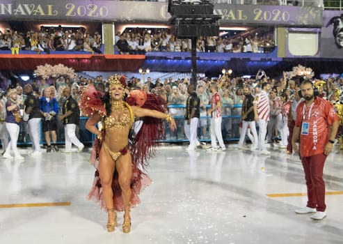 Rio de Janeiro, Brasil-  February 29, 2020: Samba Parade at the 2020 Carnival Champions Parade, Sambodromo. It's raining