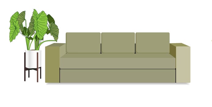 Interior scene. Sofa next to a large floor plant in flowerpots.Vector illustration for flower shops, banners, posters, advertising.