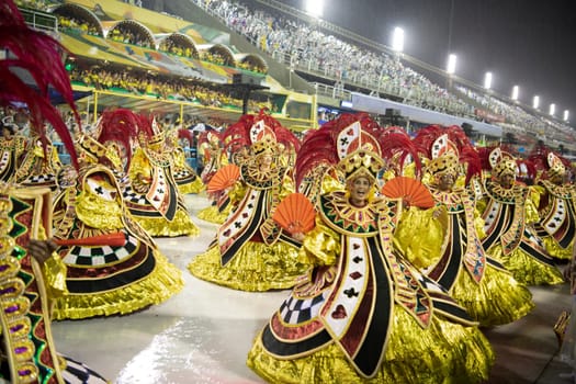 Rio de Janeiro, Brasil-  February 29, 2020: Samba Parade at the 2020 Carnival Champions Parade, Sambodromo. It's raining
