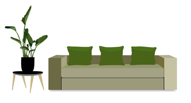 Living room interior in modern style with sofa. Interior with various houseplants, stands. Vector illustration for flower shops, banners, posters, advertisements.