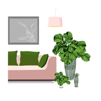 A pink couch and a beautiful chase. Picture on the wall. Interior.