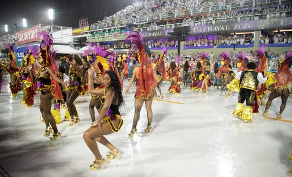 Rio de Janeiro, Brasil-  February 29, 2020: Samba Parade at the 2020 Carnival Champions Parade, Sambodromo. It's raining