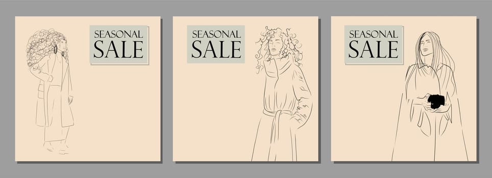 Creative collection of designs for promotions and discounts. Sale banner. Young pretty girls. Modern advertising.