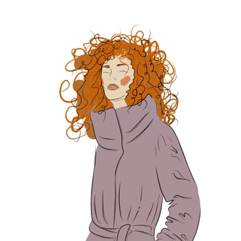 Creative illustration of a young woman. A young girl with red hair. Lady in a coat. Nice girl in a fashionable jacket. Fashionable hand-drawn illustration.