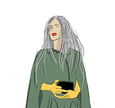 Creative illustration of a young woman. A young girl with ash gray hair. Lady in a coat. Nice girl in a fashionable jacket. Fashionable hand-drawn illustration.