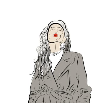 Creative illustration of a young woman. A young girl. Lady in a coat. Nice girl in a fashionable jacket. Fashionable hand-drawn illustration.