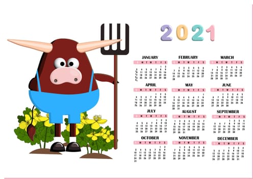 Trend calendar for 2021. Year of the bull or ox. Cute baby bull character. Vertical calendar page.