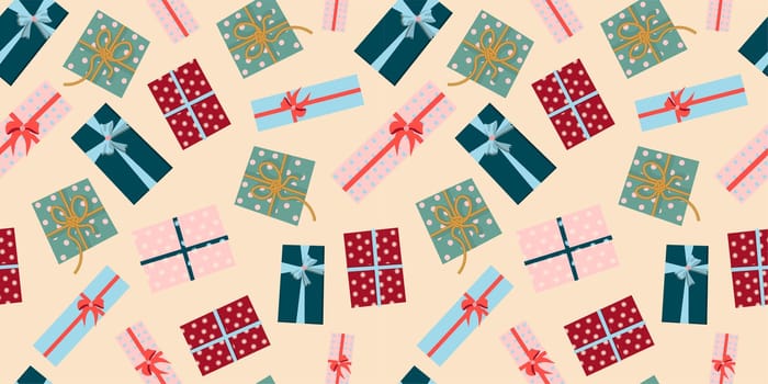 Drawing for the design of wrapping paper. Christmas gifts on a pink background. Festive mood. Vector illustration for web and print.