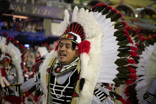 Rio de Janeiro, Brasil-  February 29, 2020: Samba Parade at the 2020 Carnival Champions Parade, Sambodromo. It's raining