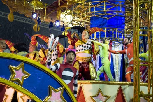 Rio de Janeiro, Brasil-  February 29, 2020: Samba Parade at the 2020 Carnival Champions Parade, Sambodromo. It's raining