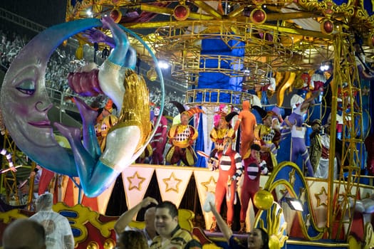 Rio de Janeiro, Brasil-  February 29, 2020: Samba Parade at the 2020 Carnival Champions Parade, Sambodromo. It's raining