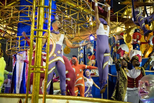 Rio de Janeiro, Brasil-  February 29, 2020: Samba Parade at the 2020 Carnival Champions Parade, Sambodromo. It's raining