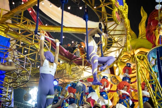 Rio de Janeiro, Brasil-  February 29, 2020: Samba Parade at the 2020 Carnival Champions Parade, Sambodromo. It's raining