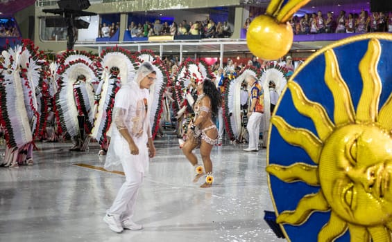 Rio de Janeiro, Brasil-  February 29, 2020: Samba Parade at the 2020 Carnival Champions Parade, Sambodromo. It's raining